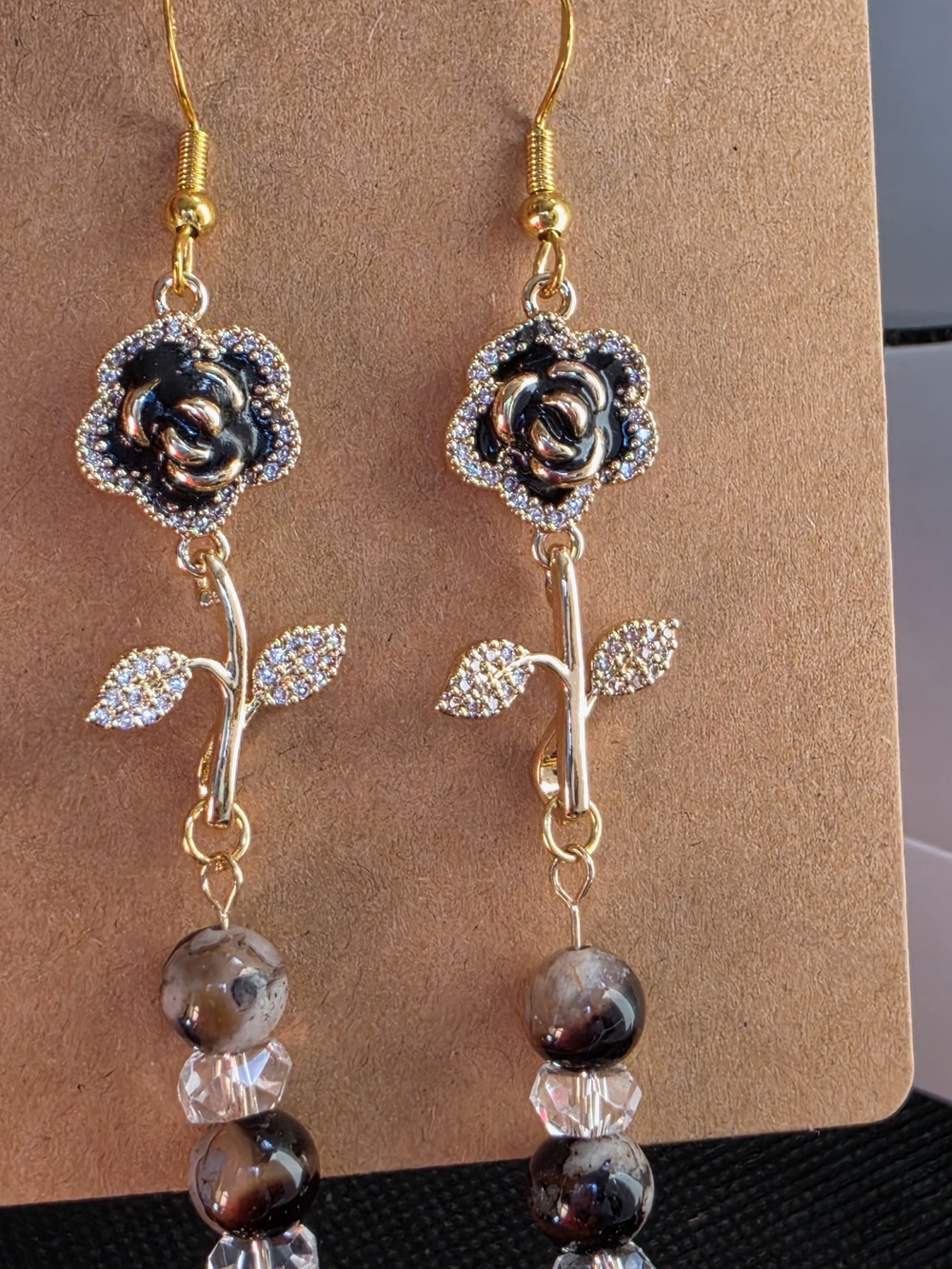 Gold-Tone Black Rose Drop Earrings with Crystal Beads